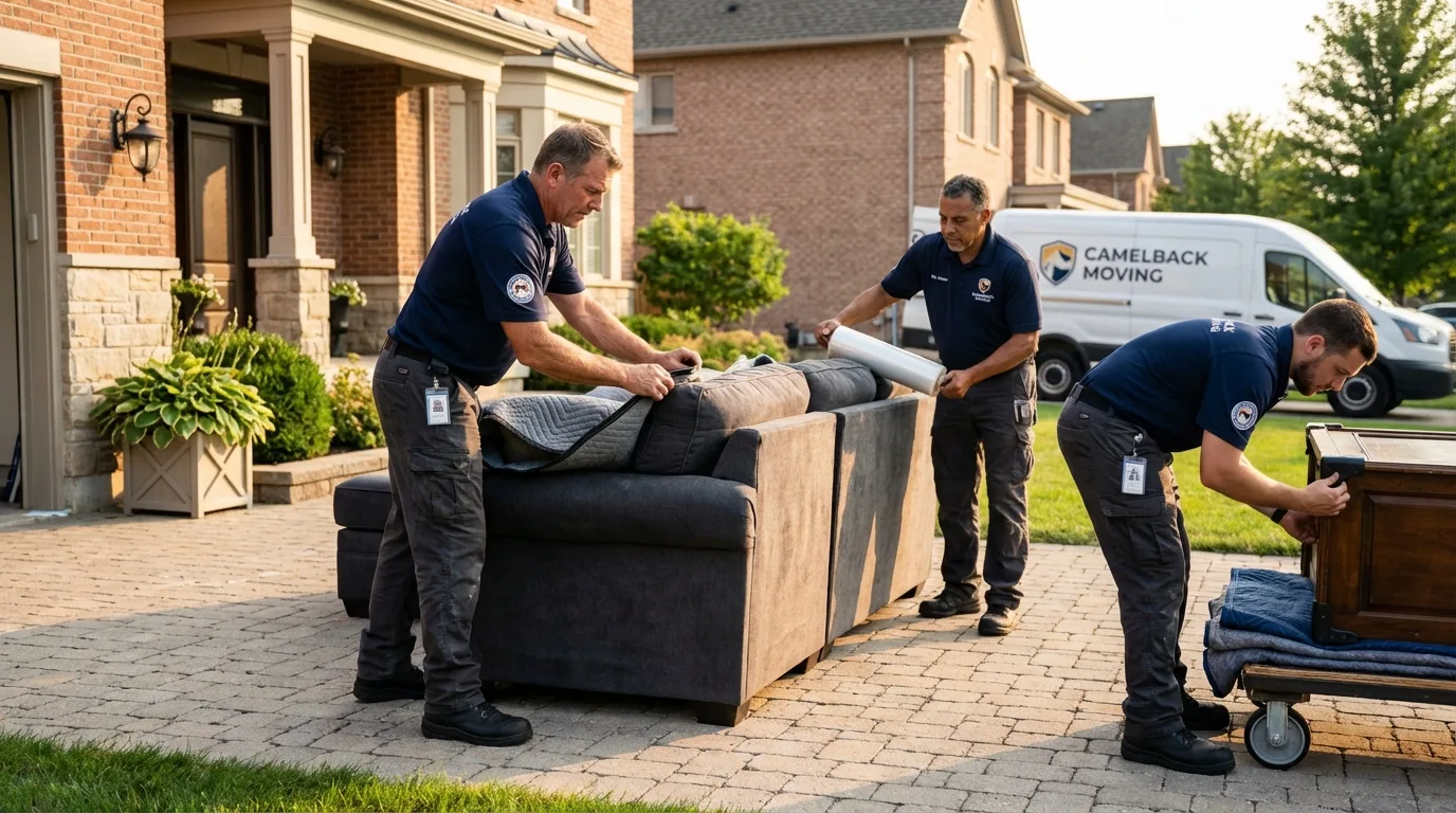 Large estate moving crew wrapping furniture in Longmeadow, MA