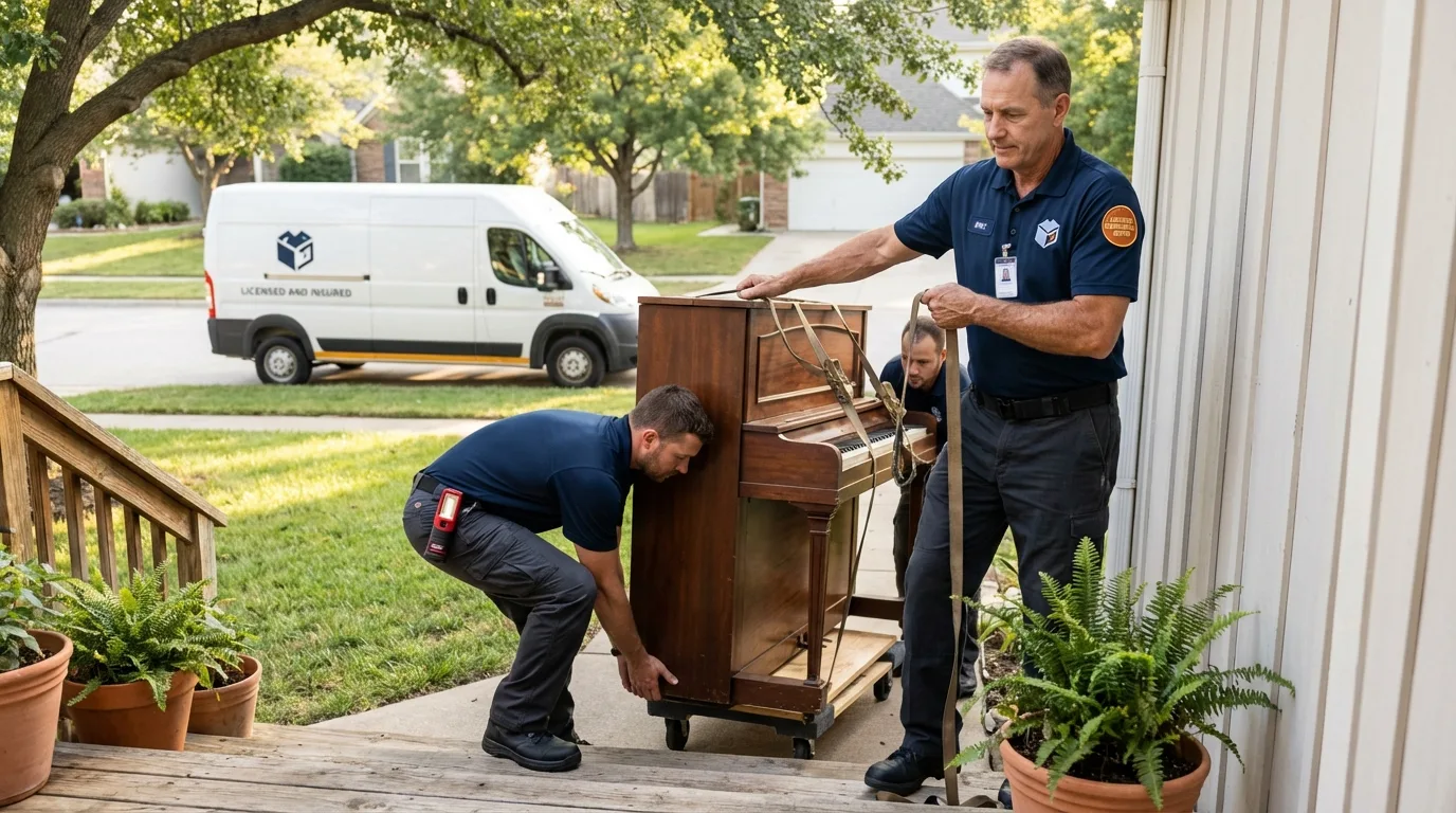 Licensed piano movers securing grand piano in Longmeadow, MA