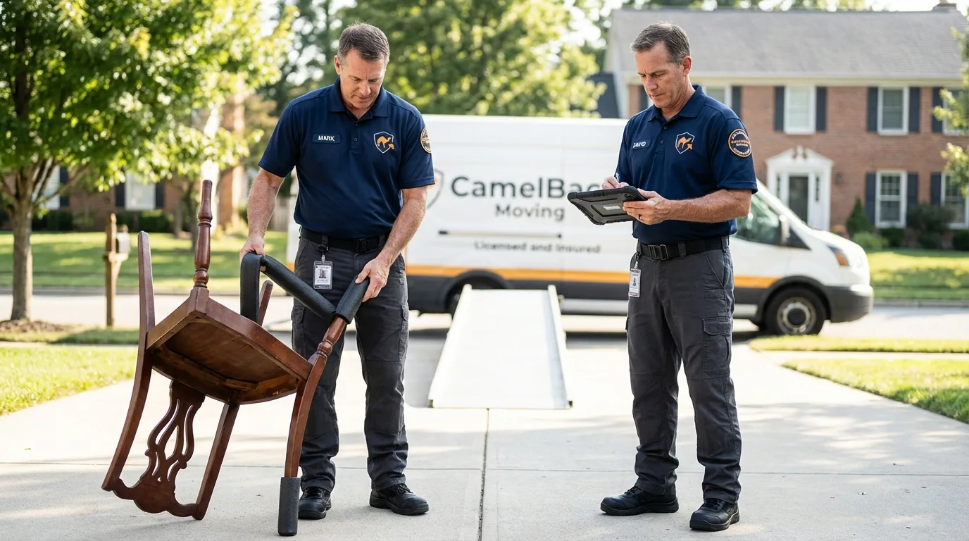 Movers inspecting furniture for damage prevention before loading in Longmeadow, MA