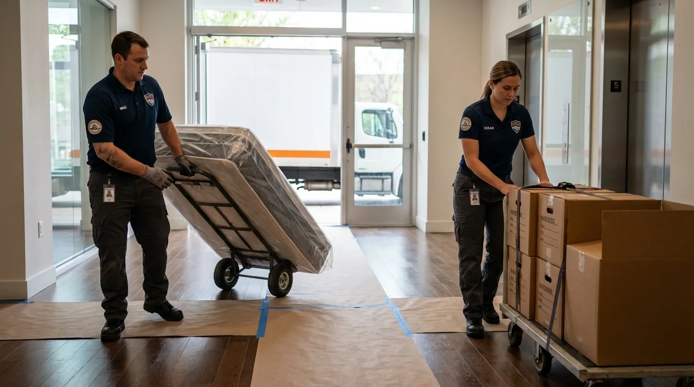 Professional apartment movers loading elevator in Longmeadow, MA